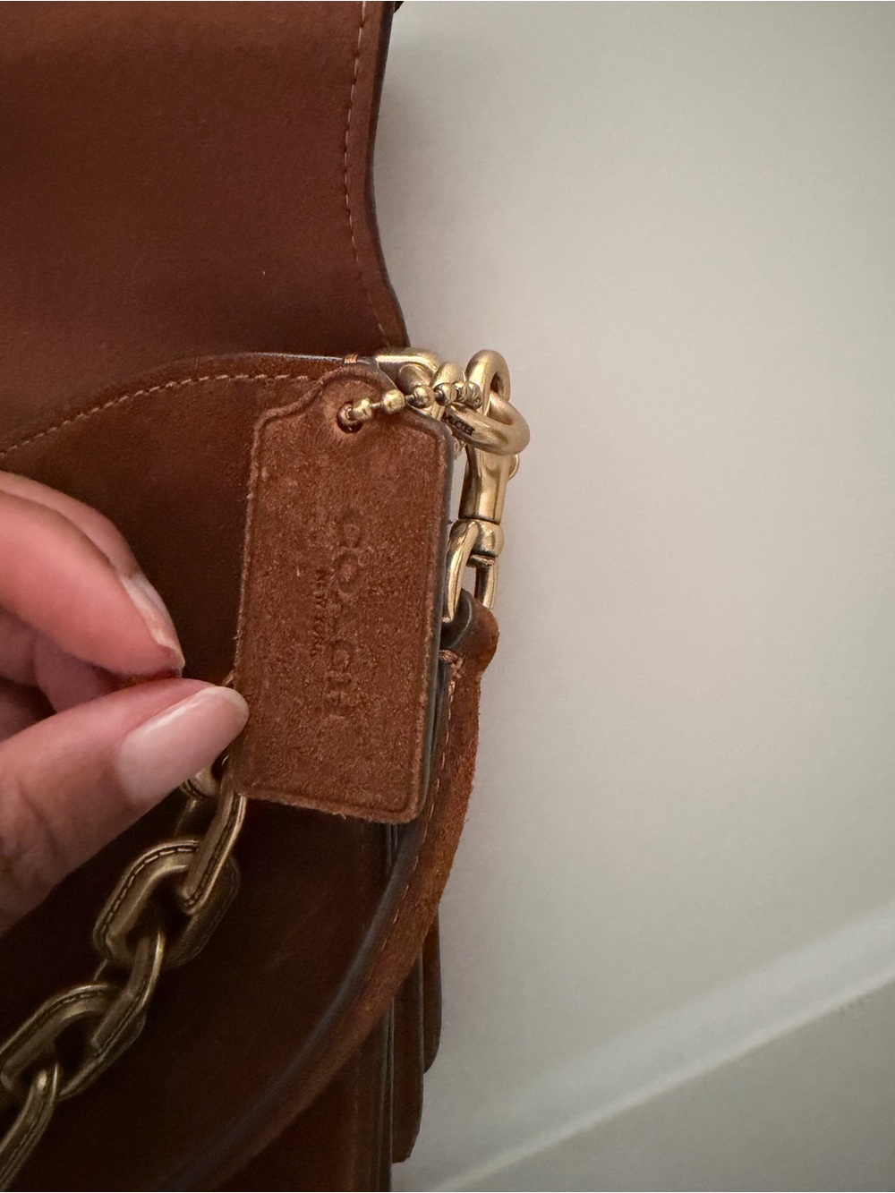 Coach Brown Suede Shoulder Bag with Gold Chain Hardware - Picture 3 of 11